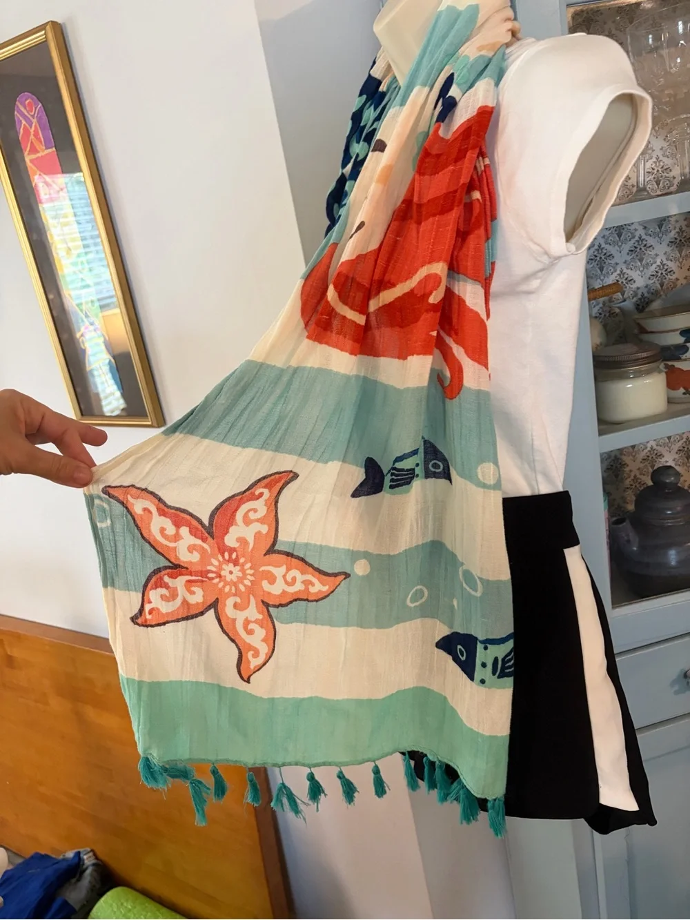 Spartina 449 Teal Navy Coral Fish Motif Linen Wrap